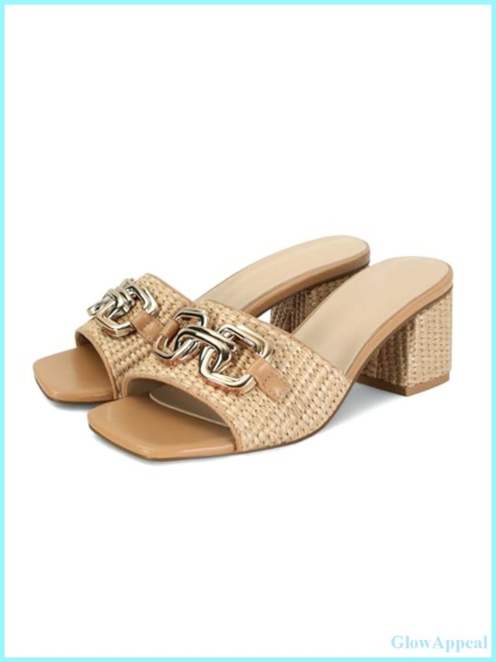 Raffia Square Toe Block Heel Mules Slide Sandals Slip On Summer Dressy Vacation